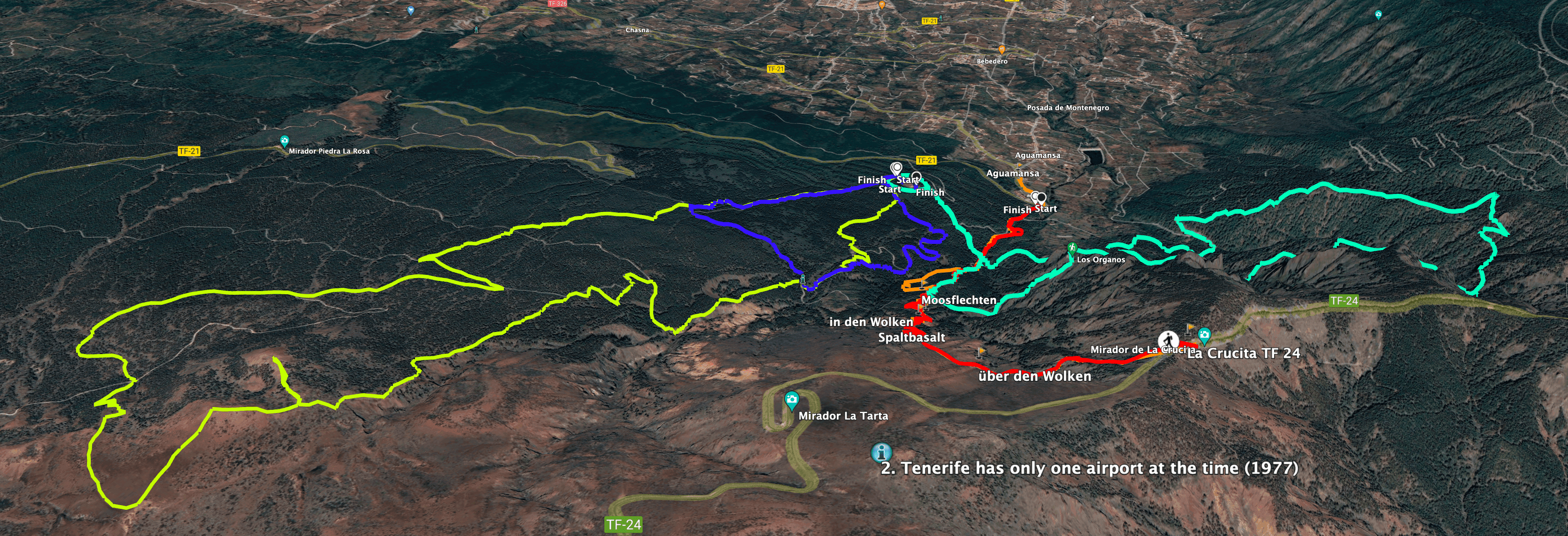 Rutas de senderismo en el valle de la Orotava - rojo: La Crucita verde: sendero alto de los Órganos amarillo: Montaña Limón azul: pequeña ruta circular Caldera