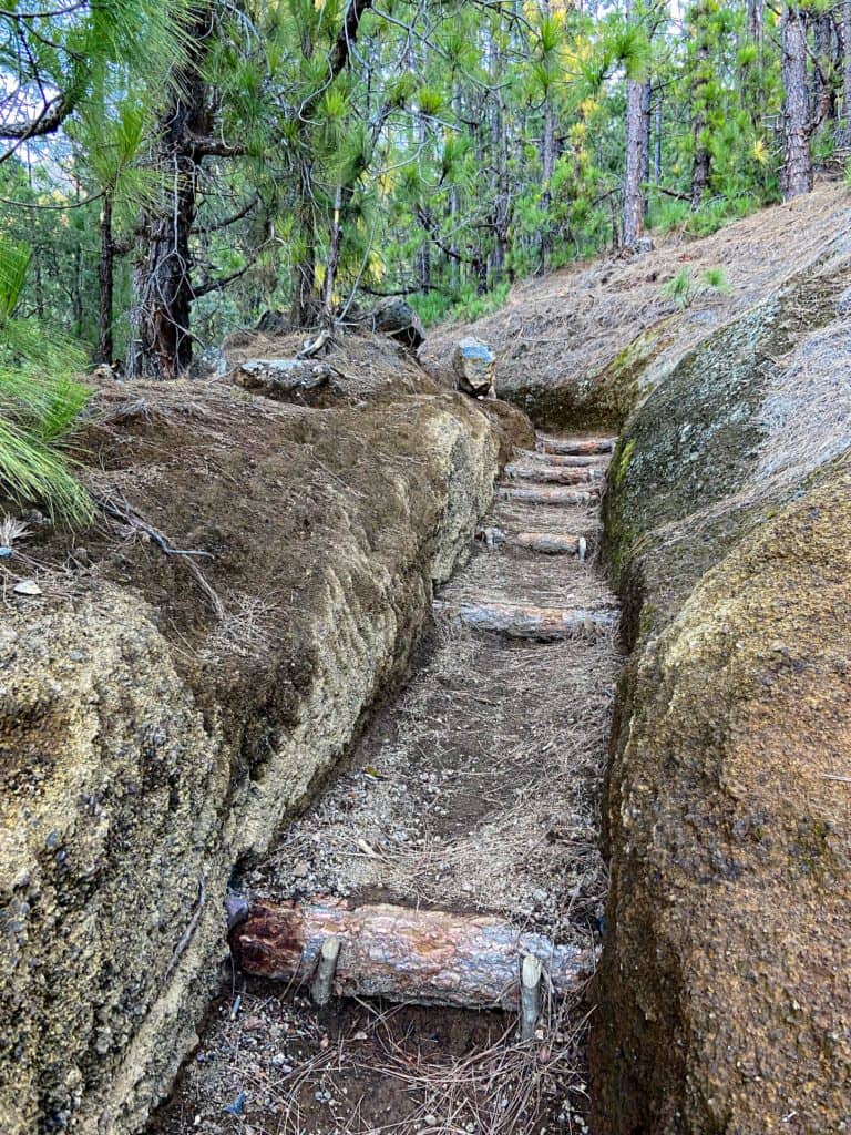 mit Holzstücken befestigter Wanderweg