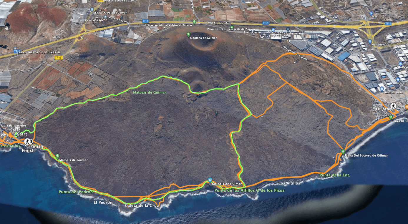 Track of the small Malpaís hike (green) and possible extensions in orange