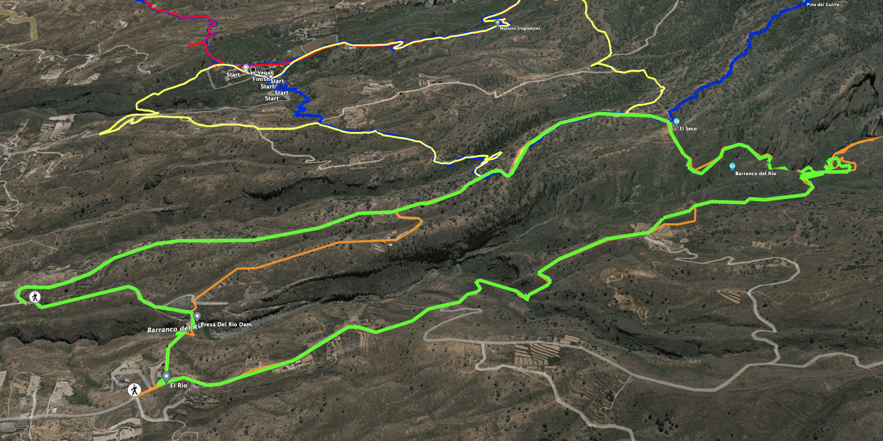 Pista de la caminata Presa del Río (verde), naranja el camino de vuelta si se aparca a la derecha de la presa, circuito de senderismo de las Vegas (amarillo y azul)