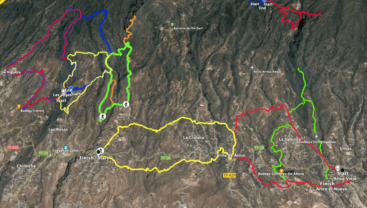 Pista Camino real del Sur El Río - Villa de Arico (amarilla)y pistas vecinas (a la derecha paseos por Arico, arriba a la izquierda pista Las Vegas, La Highuera, presa de El Río).