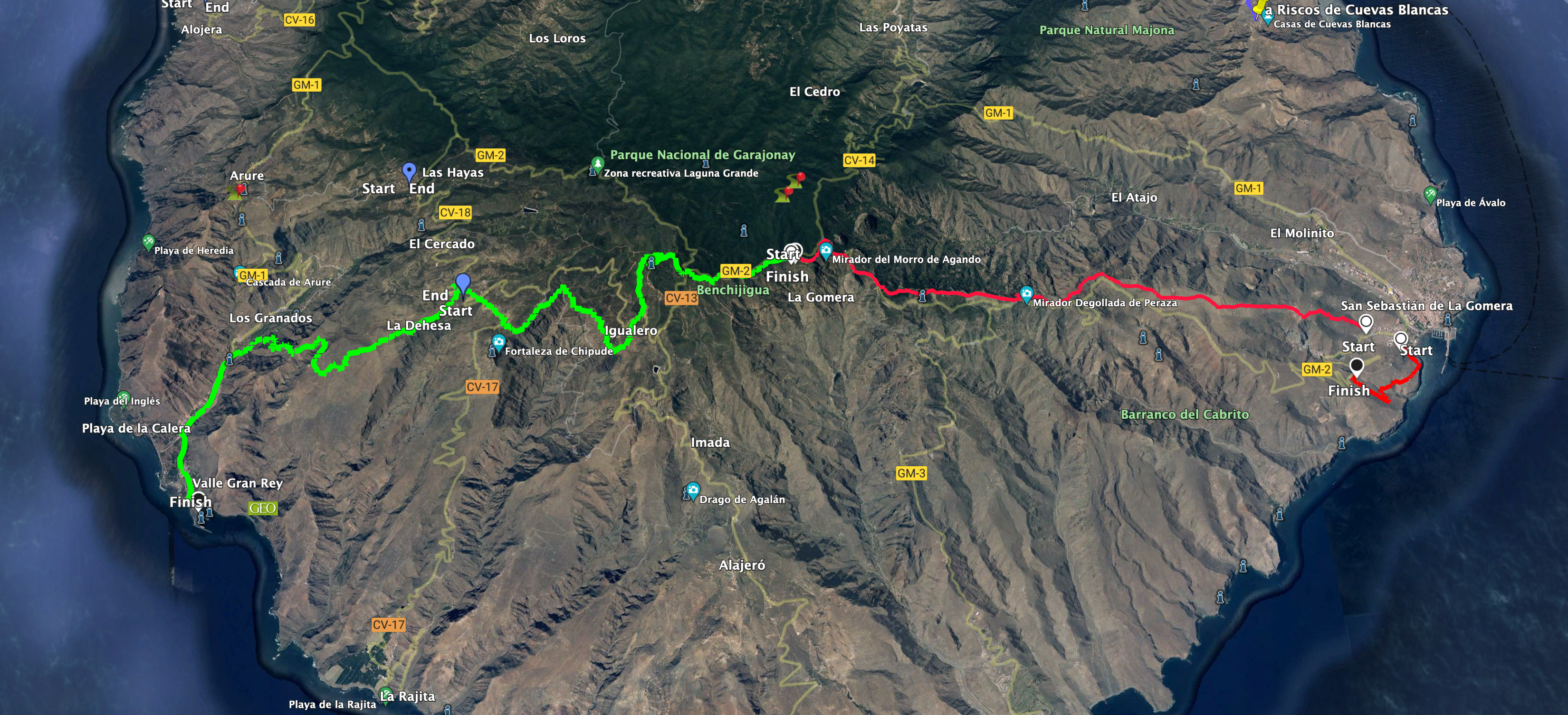Track GR 131 - Part 1 La Gomera San Sebastian to via Los Roques (red) Part 2 via the GR 131 and the GR 132 to Valle Gran Rey (green)