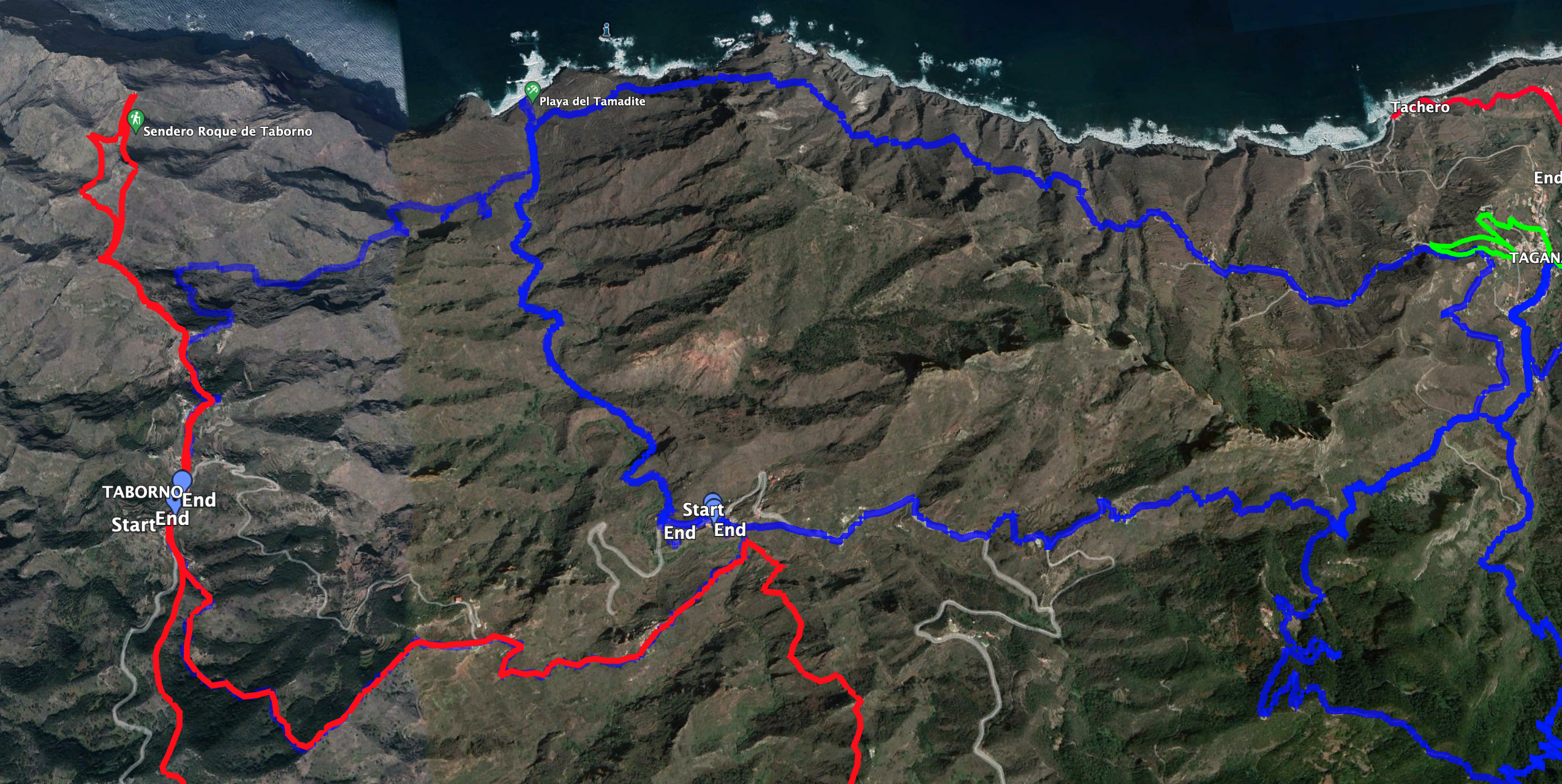 Parte de la ruta discurre paralela a la ruta Taborno - Afur - Playa Tamadite. La ida y vuelta Afur - Playa Tamadite - Taganana también bordea esta ruta (pistas azules).