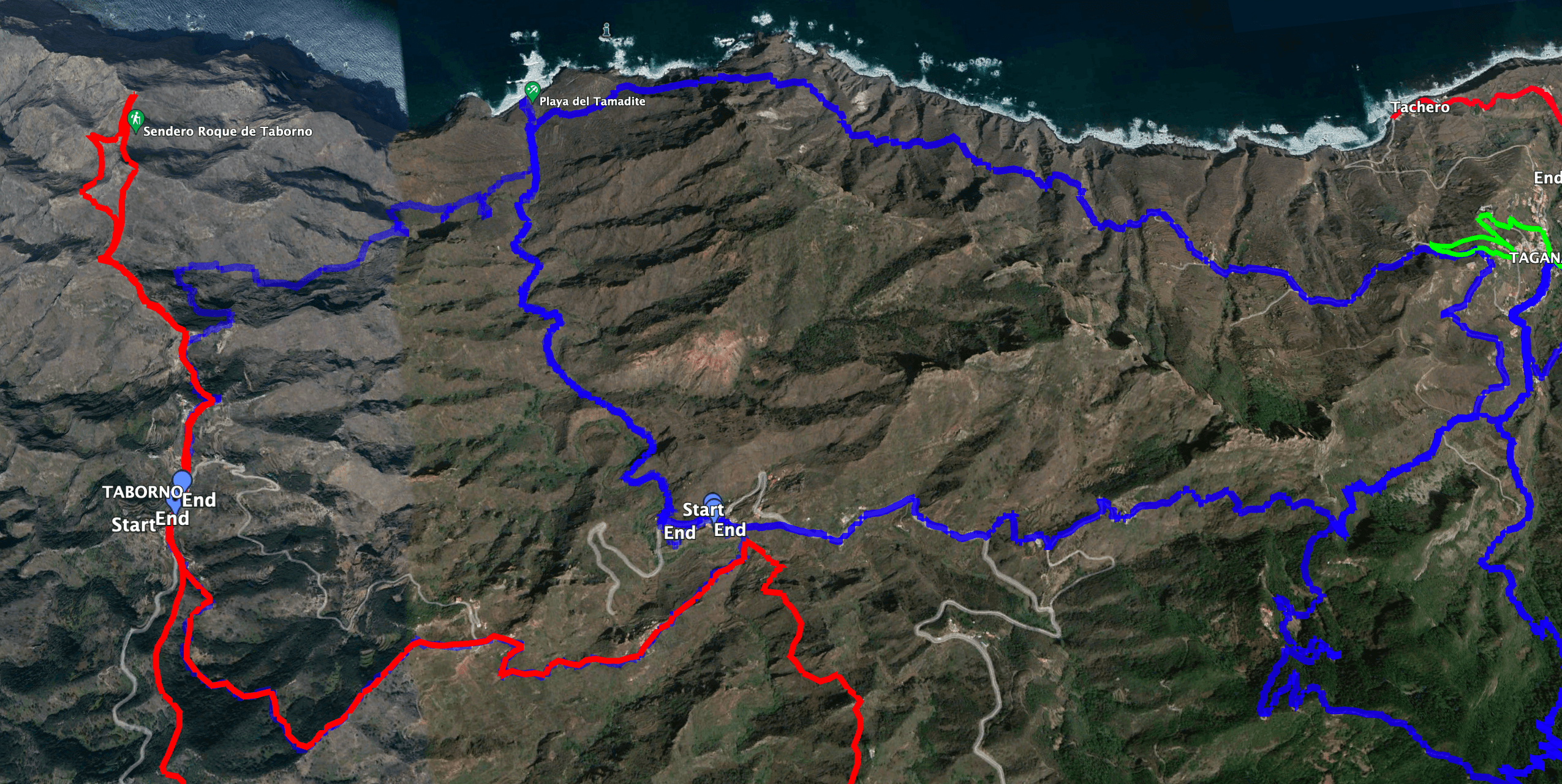 Parte de la ruta discurre paralela a la ruta Taborno - Afur - Playa Tamadite. La ida y vuelta Afur - Playa Tamadite - Taganana también bordea esta ruta (pistas azules).