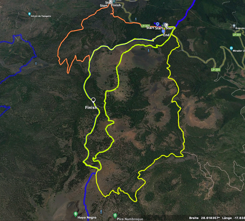 Track of the Tajogaite hike (red and partly yellow) and neighbouring tracks