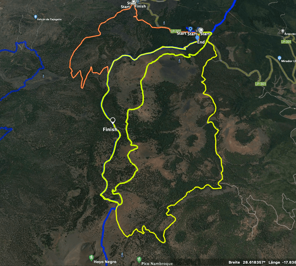 Sendero de la excursión de Tajogaite (rojo y parcialmente amarillo) y senderos vecinos