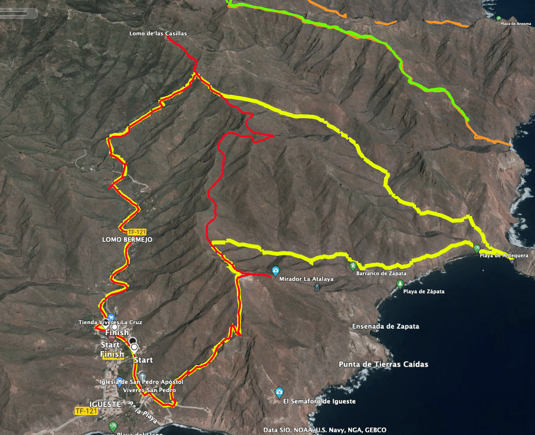 Tracks of the hike Playa Antequera (yellow) and ridge hike Igueste (red)