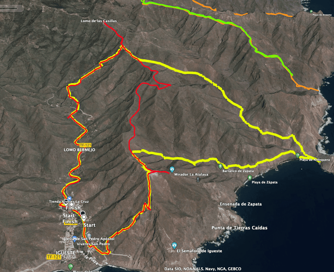 Huellas de la caminata Playa Antequera (amarillo) y la caminata cresta Igueste (rojo)