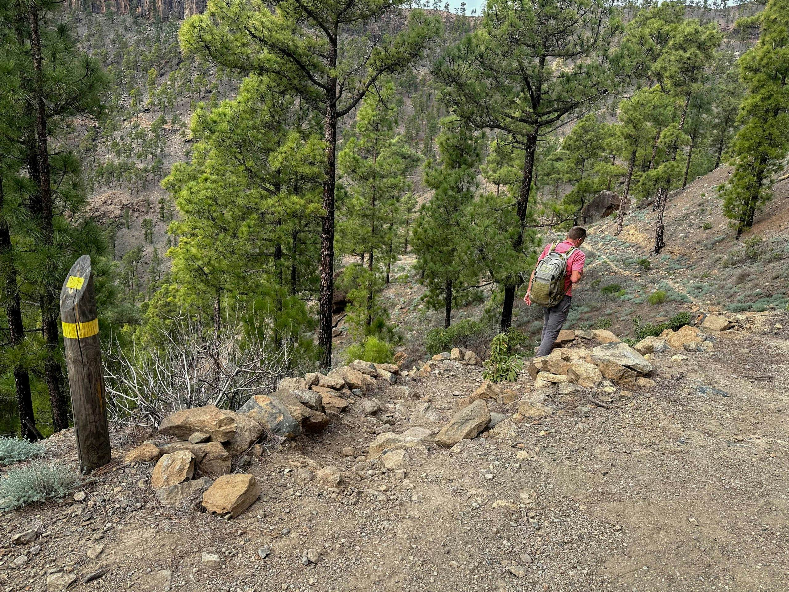 Hikers on the trail below the Morro de las Vacas on the trail through the Barranco de Pilancones