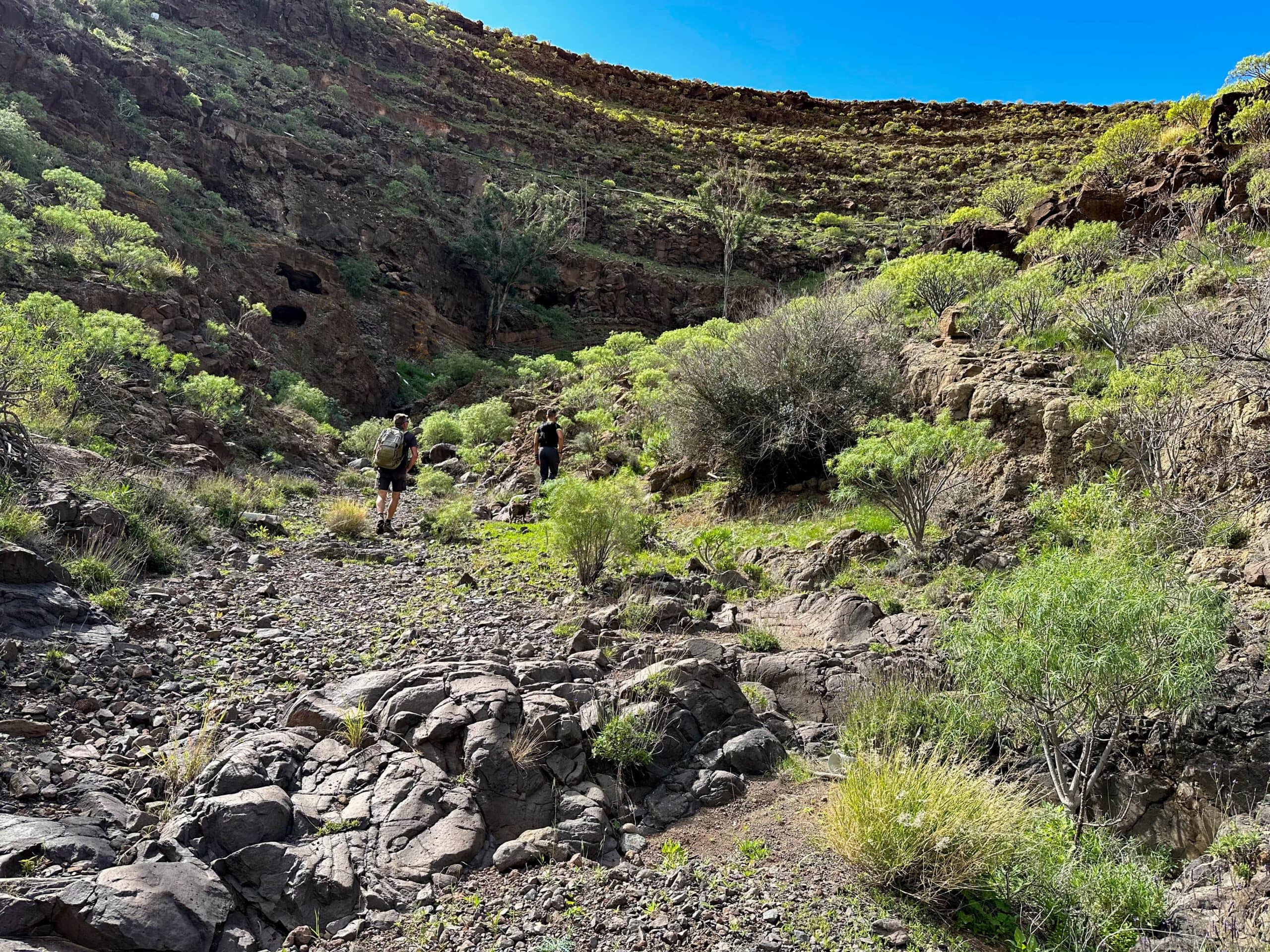 Hikers on the ascent Barranco de las (Vacas) Melosas