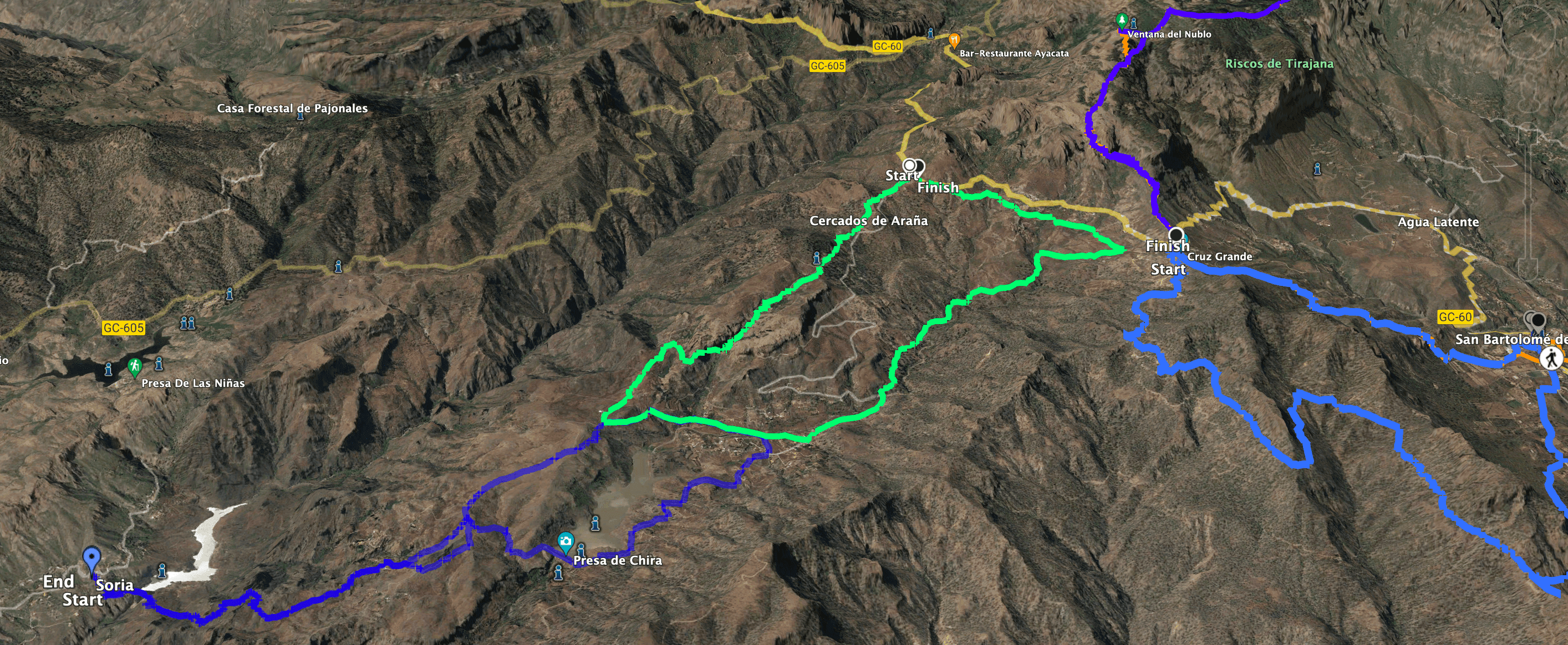 Pista de la ruta Cercados de Araña y pistas vecinas Presa de Chira y San Bartolomé (azul)