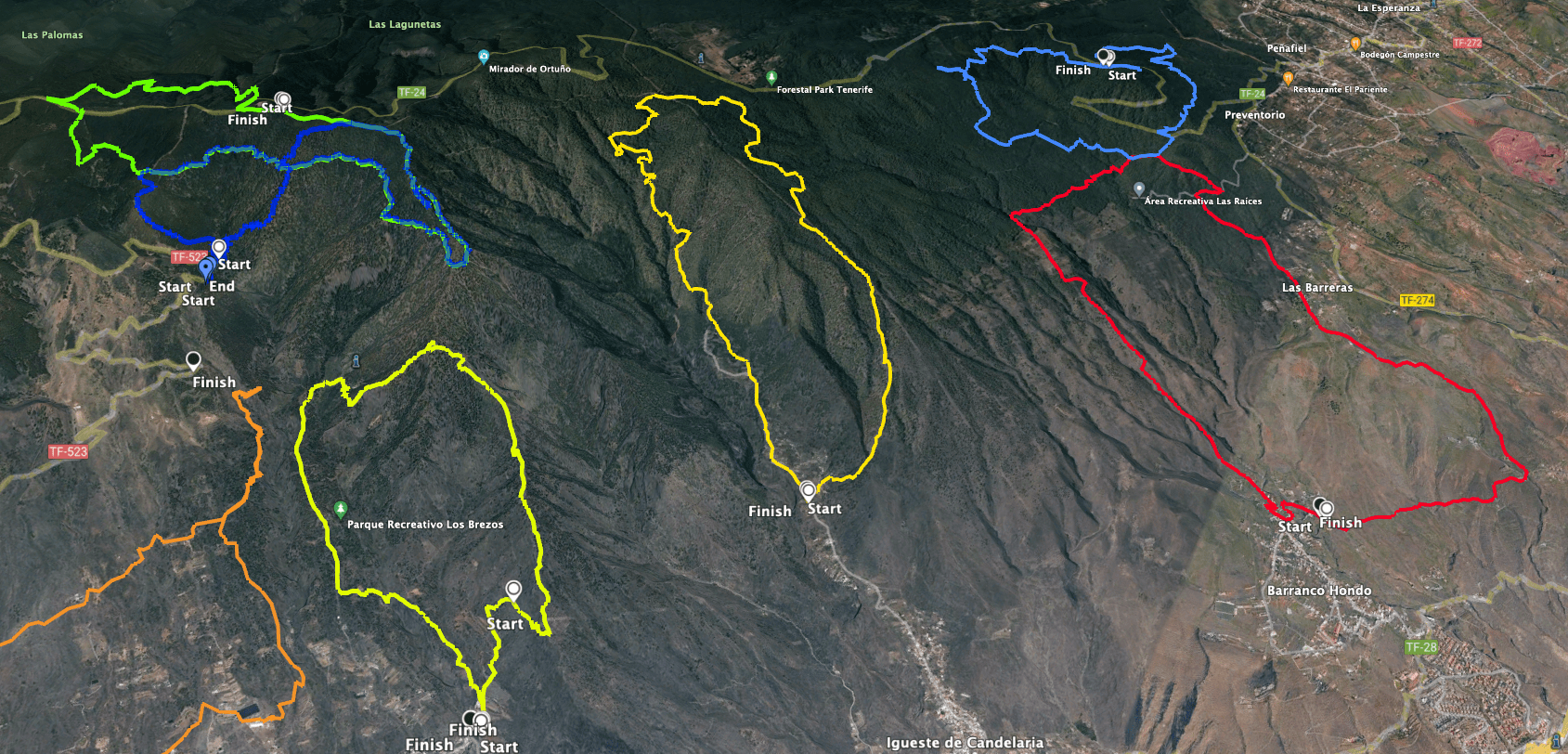 Track of the hike Igueste de Candelaria (centre yellow) and left of it track Igonse (yellow) right in red round trip Barranco Hondo and top left round trip high above Candelaria (blue, green)