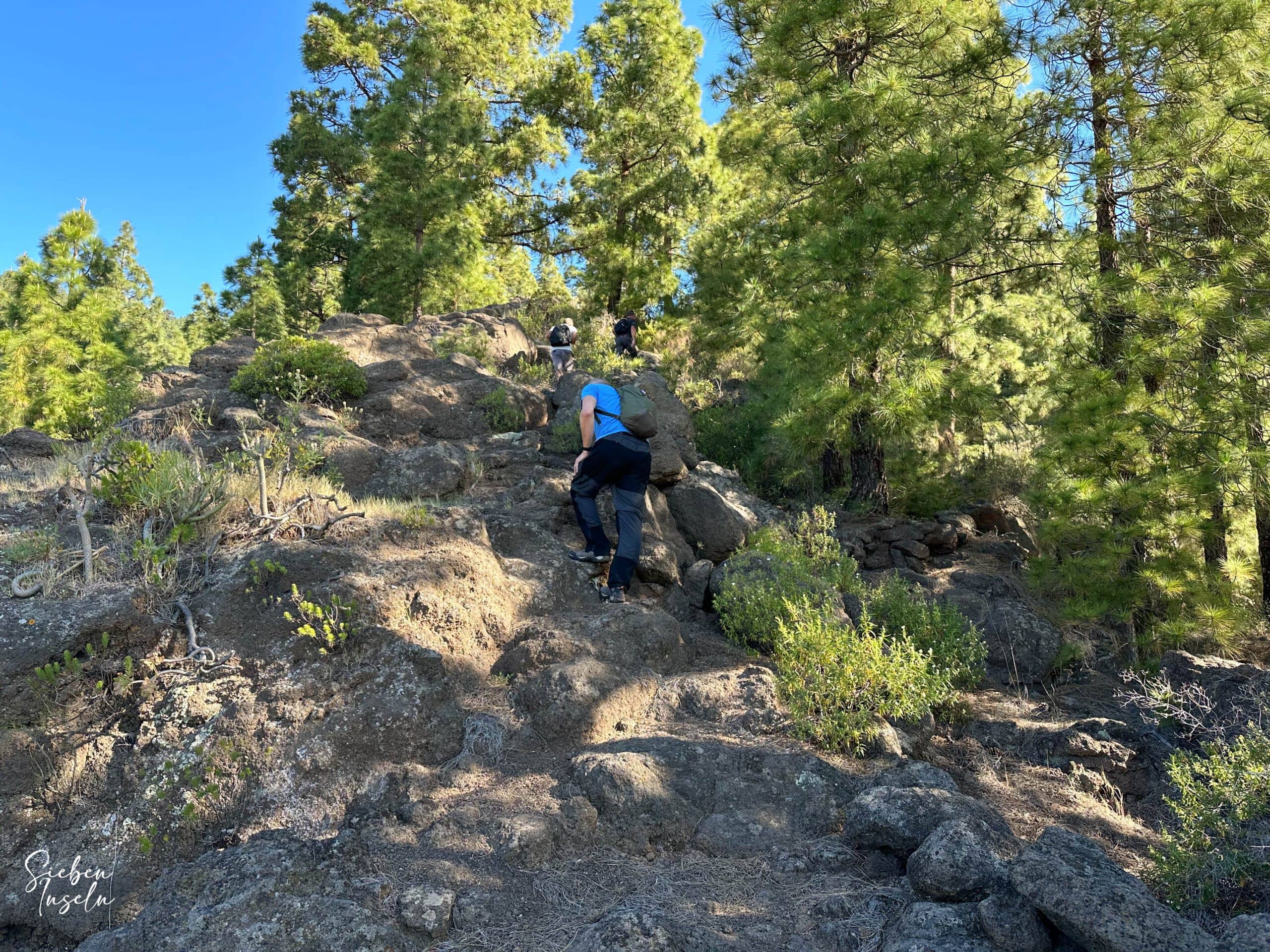 Wanderer auf dem Gratweg Richtung Esperanza Wald von der Ostseite der Insel