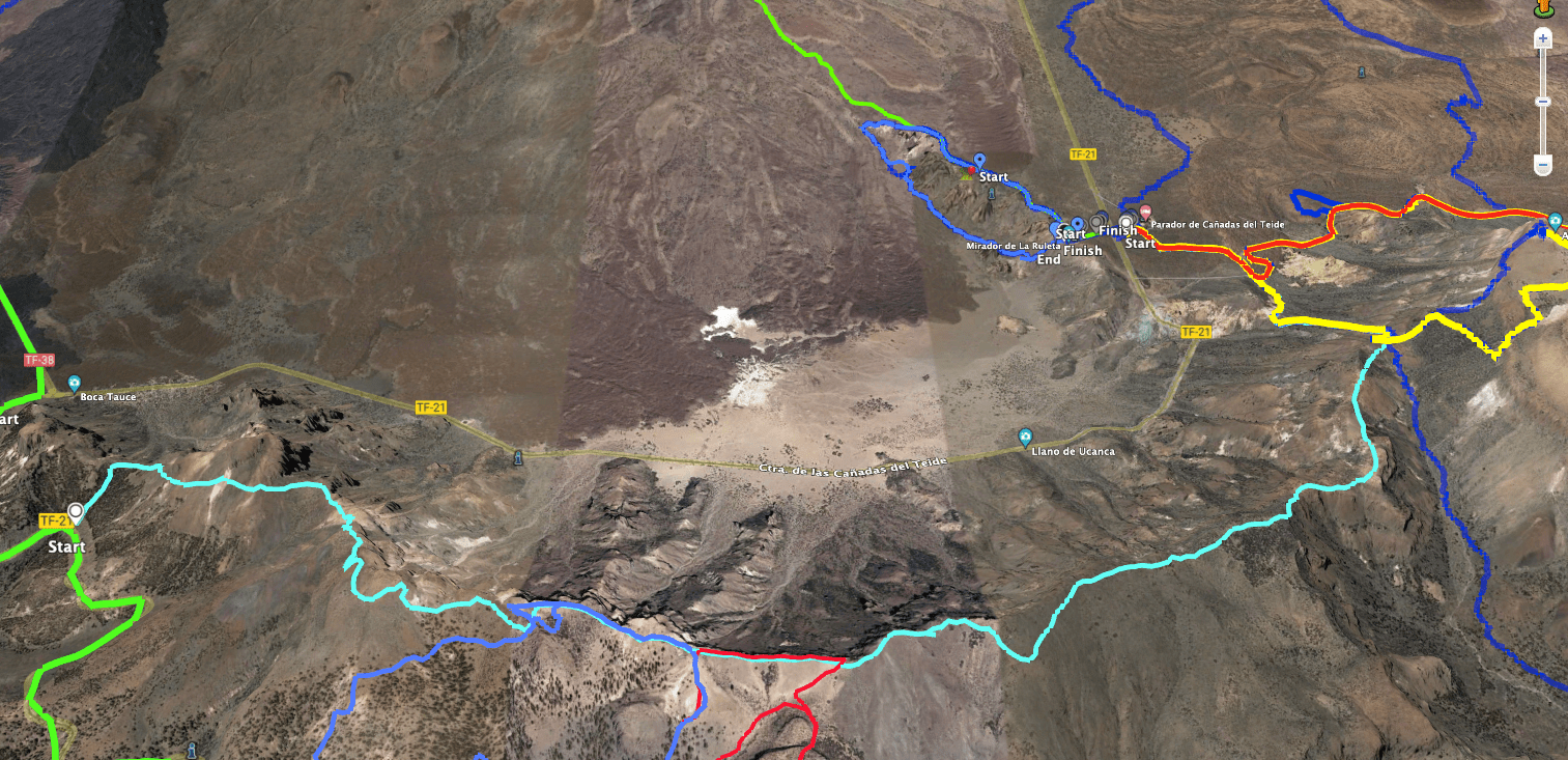 Track of the hike on Cresta de Las Cañadas (light blue and down to the Parador yellow) and neighbouring tracks