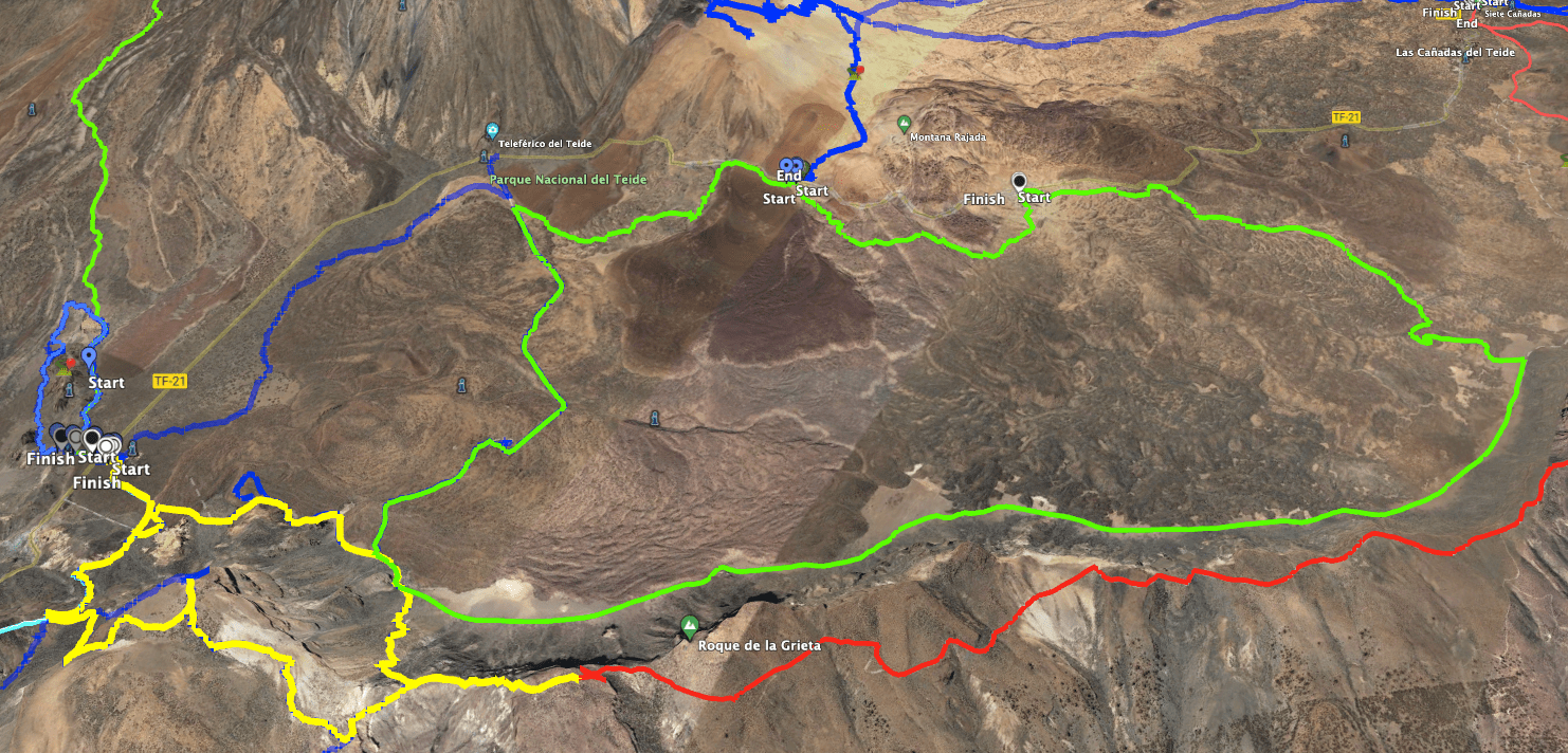 Track der Wanderung Minas de San José - Große Caldera Runde (grün) und benachbarte Tracks Cumbre, Siete Cañadas