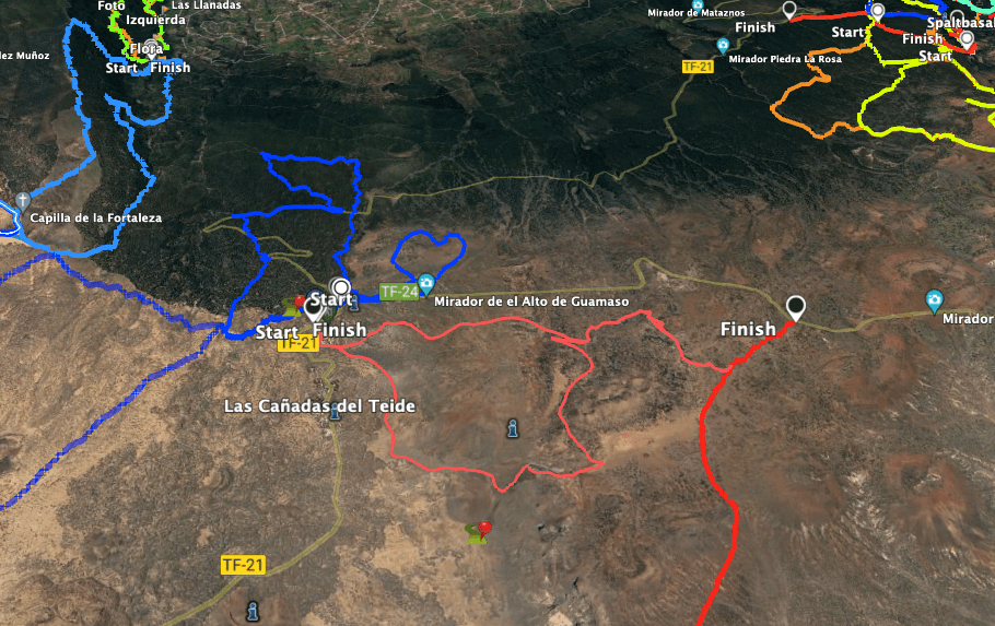 Track of the hike El Alto de Guamaso (blue) and neighbouring tracks Arenas Negras and Siete Cañadas (red)