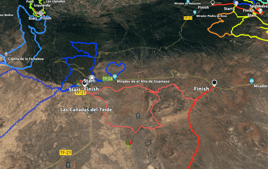 Sendero de la ruta El Alto de Guamaso (azul) y senderos vecinos Arenas Negras y Siete Cañadas (rojo)