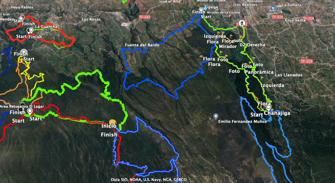 Track of the circular hike Mirador de La Corona - Fuente del Bardo (centre blue) and neighbouring tracks of hikes around Chanajiga and El Lagar