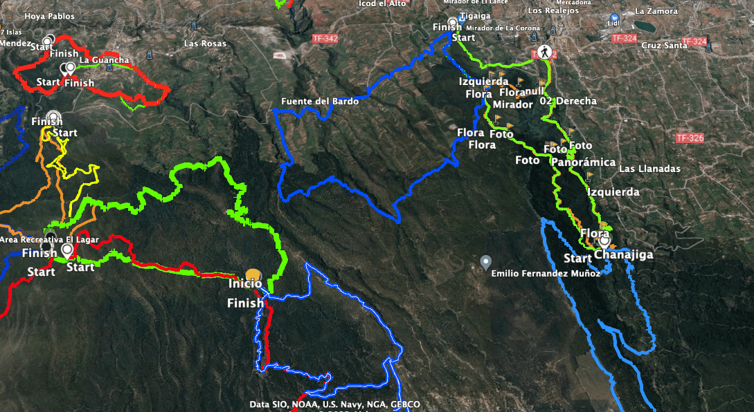 Sendero circular Mirador de La Corona - Fuente del Bardo (centro azul) y senderos vecinos de Chanajiga y El Lagar