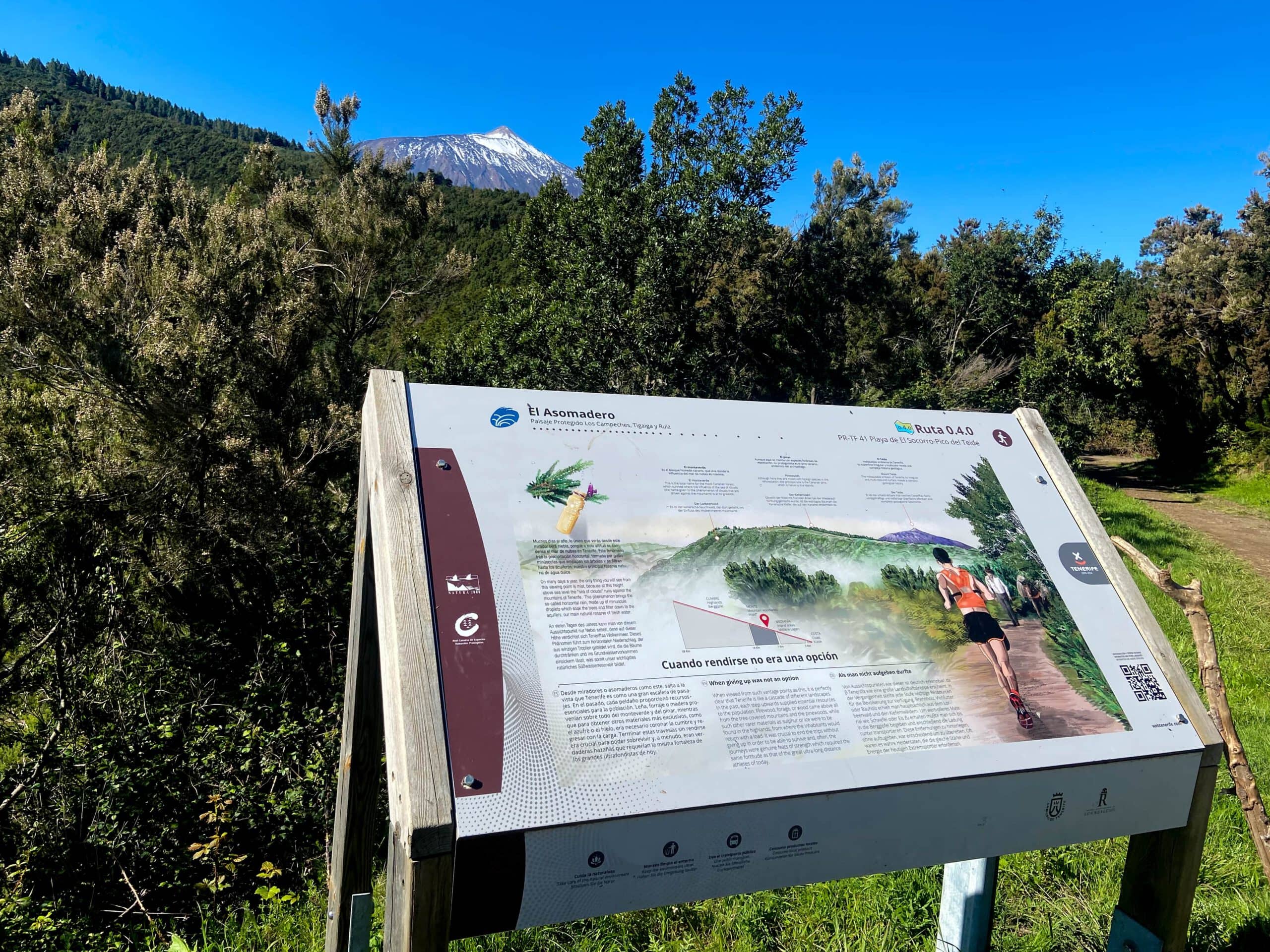 Panel informativo en el Asomadero con el Teide al fondo