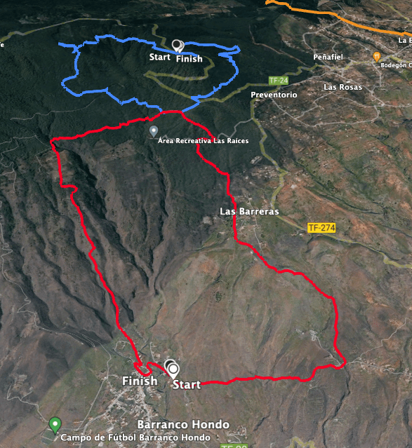 Track der Wanderung Barranco Hondo (rot) und angrenzende Runde durch den Esperanza Wald (blau)
