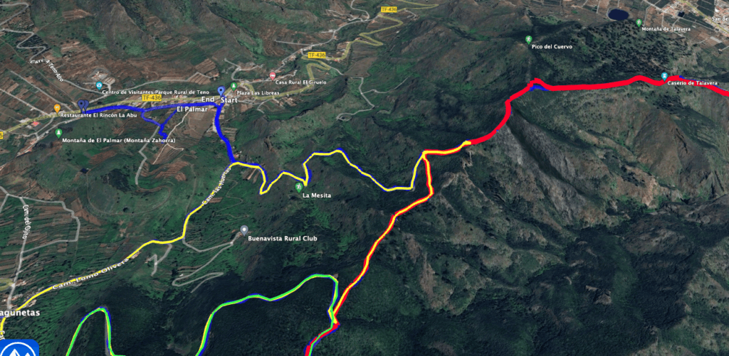 Variante azul, amarilla, roja de El Palmar a Talavera (arriba a la derecha en la foto)