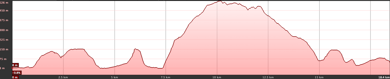 Elevation profile of the GR-132 stage 8 hike from San Sebastián to Playa de Santiago