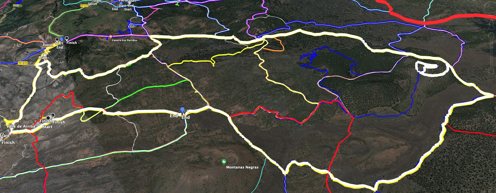 Trayecto de la ruta circular Valle de Arriba con ascenso a la Montaña de la Cruz (amarillo) y senderos y caminos colindantes