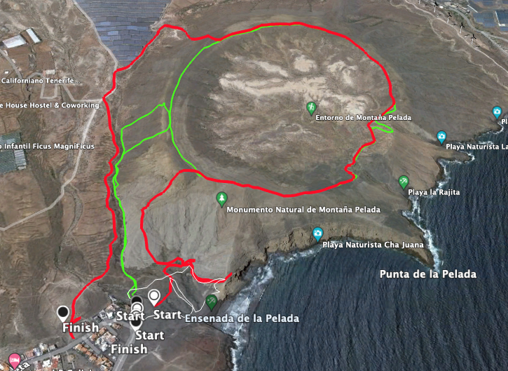 Track of the Montaña Pelada hike with ascent from the front and descent on the hiking trail (red)