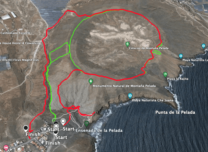 Track of the Montaña Pelada hike with ascent from the front and descent on the hiking trail (red)