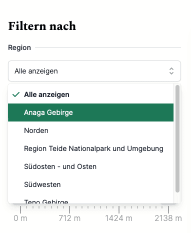 Auf Teneriffa kannst du weiter nach 6 verschiedenen Regionen filtern - so zum Beispiel nach Wandern im Anaga Gebirge