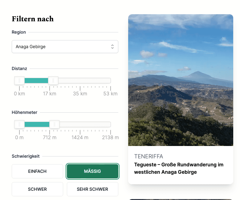 In der Region kannst du weiter nach Distanz, Höhenmeter, Schwierigkeitsgrad und weiteren Kriterien filtern. Hier Beispiel: Wandern im Anaga Gebirge