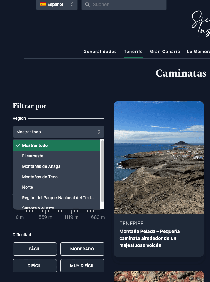 En Tenerife puedes filtrar por región, distancia, altitud, dificultad y otras palabras clave para encontrar tu ruta.