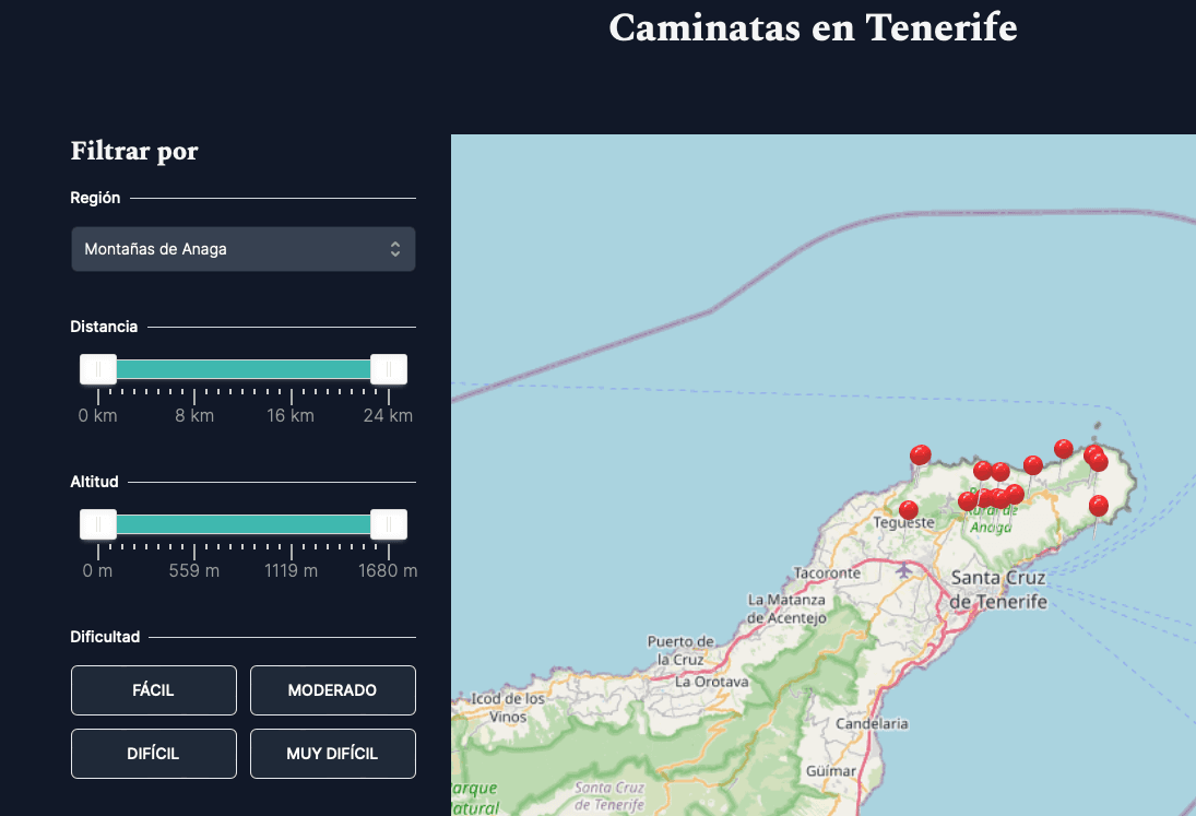 En la zona del mapa, las rutas filtradas se muestran como chinchetas en el punto de partida de la ruta. Si hace clic en él, aparecerá una imagen de vista previa. Aquí tiene un ejemplo: Senderismo en los Montes de Anaga (rutas seleccionadas)