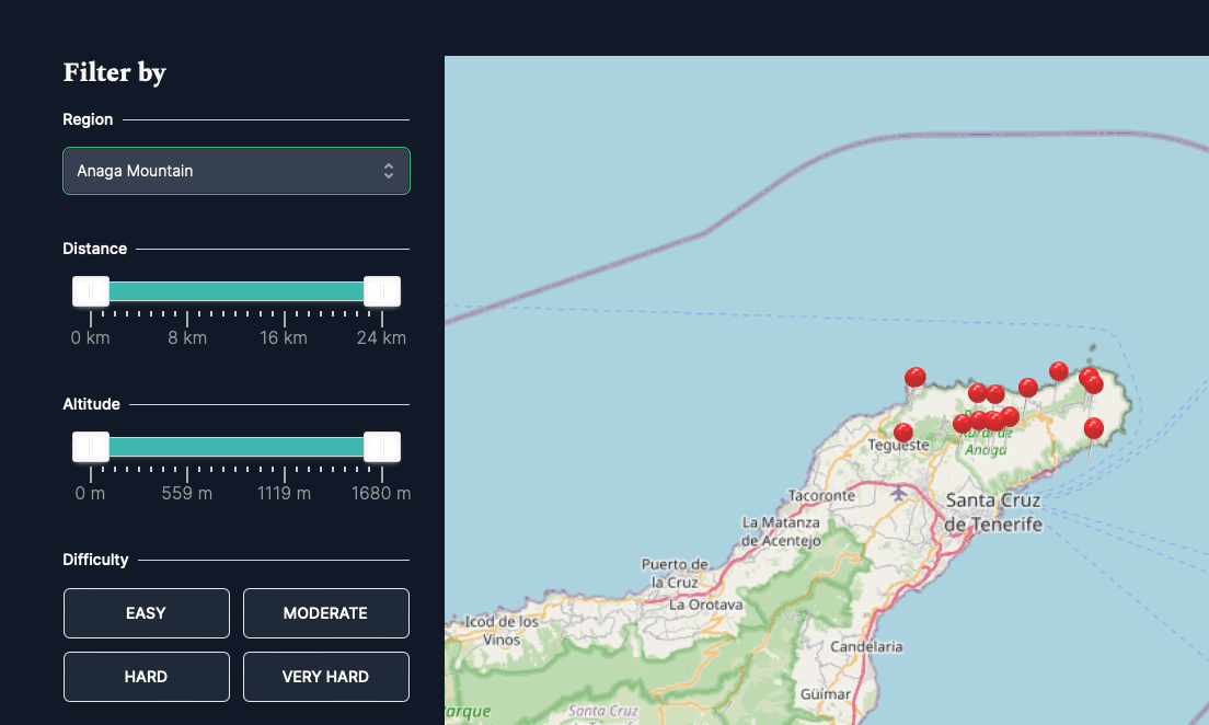 In the map area, the filtered hikes are displayed as pins at the starting point of the hike. If you click on it, a preview image appears. Here is an example: Hiking in the Anaga Mountains (selected hikes)