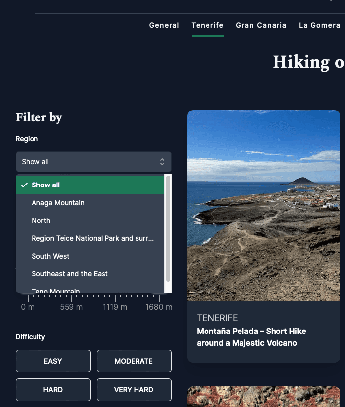 On Tenerife you can filter further by 6 different regions - for example hiking in the Anaga Mountains