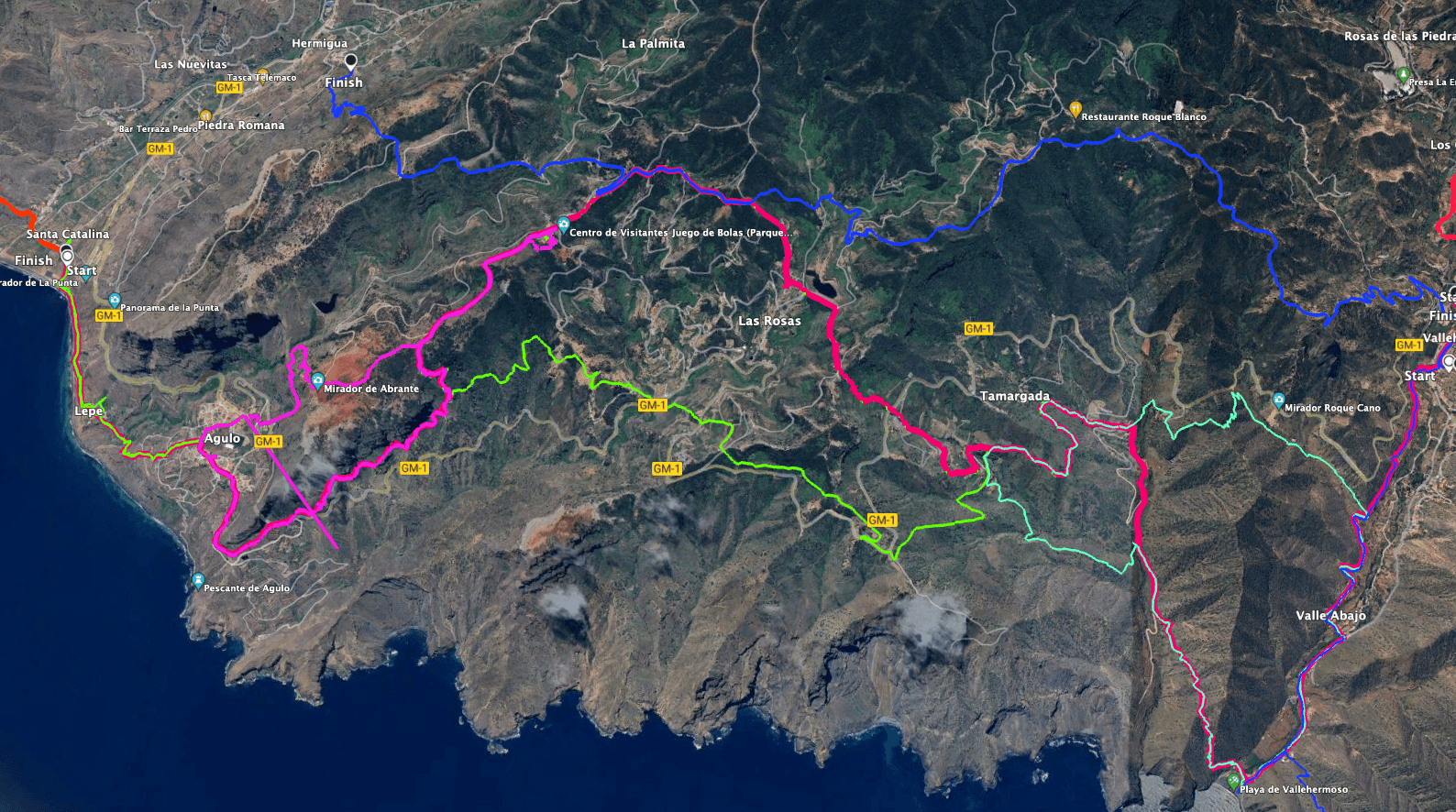 Sendero GR-132, etapa 2 La Gomera - Hermigua - Vallehermoso (rojo) y senderos vecinos