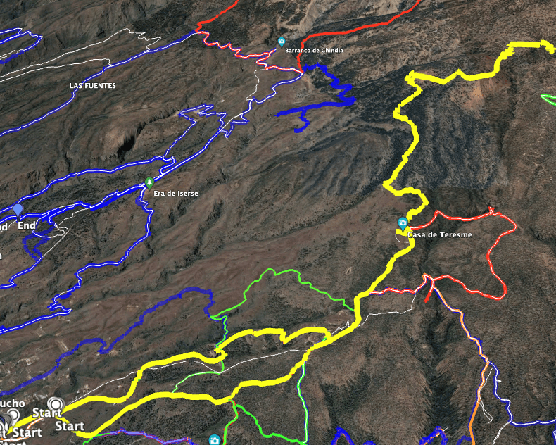 Recorrido de la ruta La Quinta - Casa de Teresme (amarillo y rojo) con regreso por Galería Rosario. La ruta de regreso por Casa de Teresme en amarillo lleva a Las Lajas