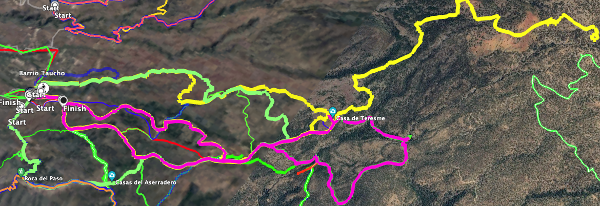 Track of the hike Casa de Teresme (pink) and alternative and neighbouring tracks and hikes