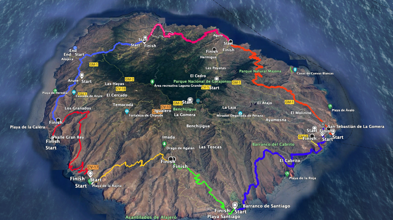 GR-132 mit allen Etappe - Etappe 3. und Etappe 4. blau auf der linken Seite von Vallehermoso bis Valle Gran Rey