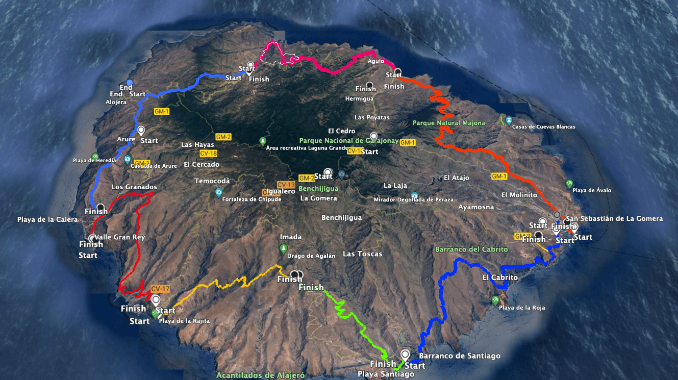 GR-132 mit allen Etappe - Etappe 3. und Etappe 4. blau auf der linken Seite von Vallehermoso bis Valle Gran Rey