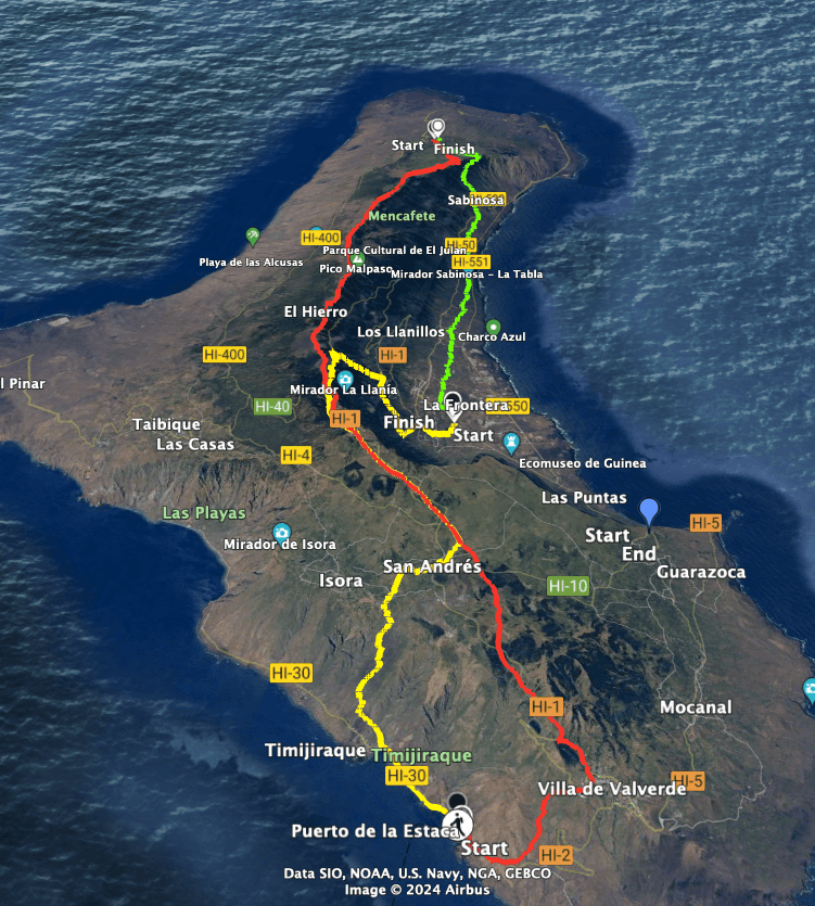 Part 1: GR-131 Camino de la Virgen (red)
Part 2: Chapel to La Frontera via Sabinosa (green)
Part 3: La Frontera - Puerto de la Estaca