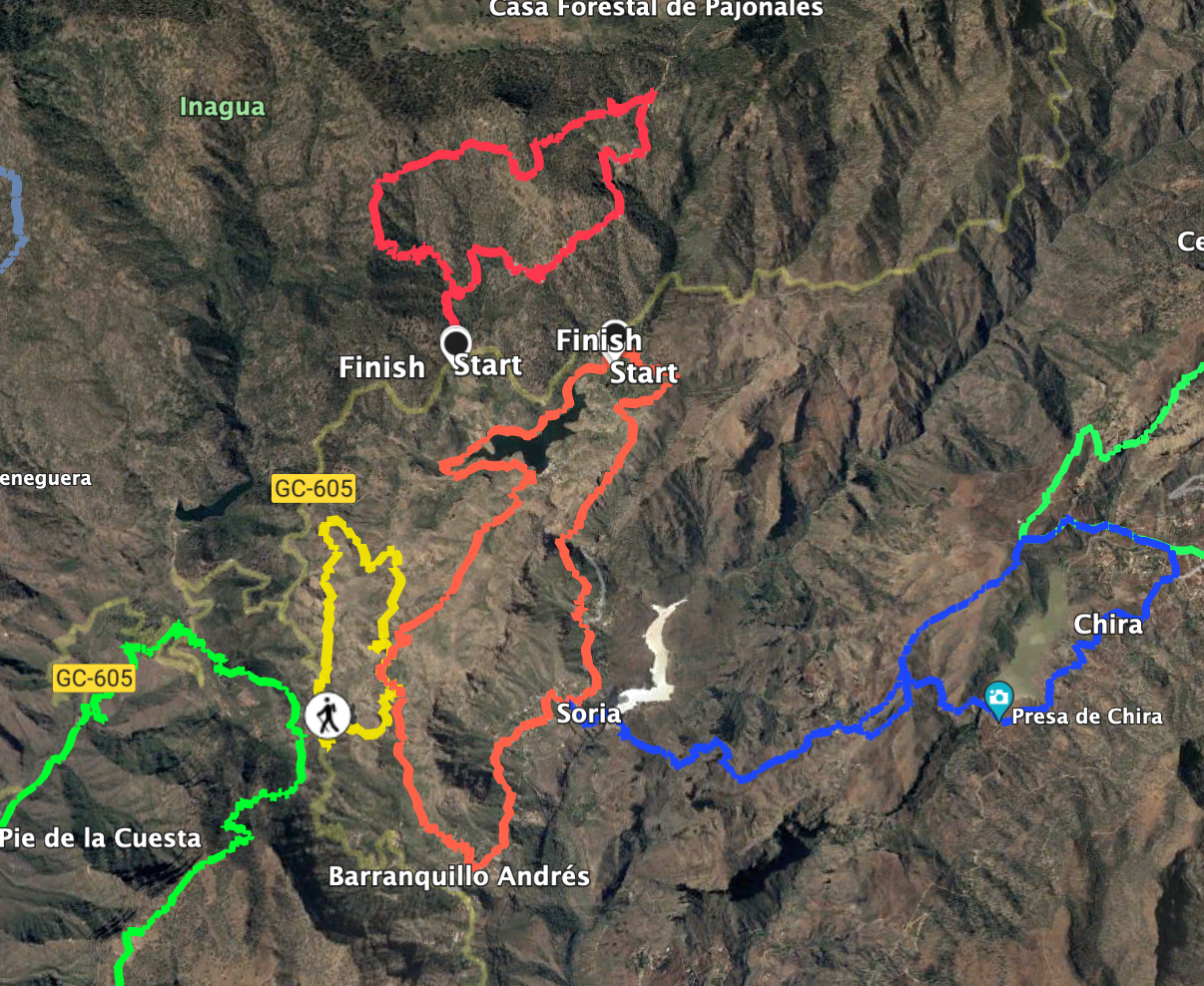 Track of the Presa de Las Niñas hike (red above) and neighbouring hikes