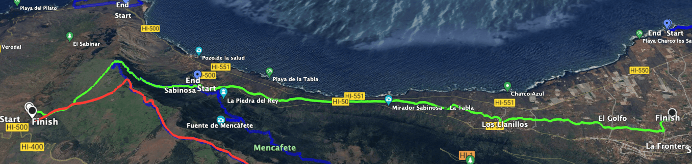 Track of the hike from the Ermita Nuestra Señora de los Reyes to La Frontera (green)