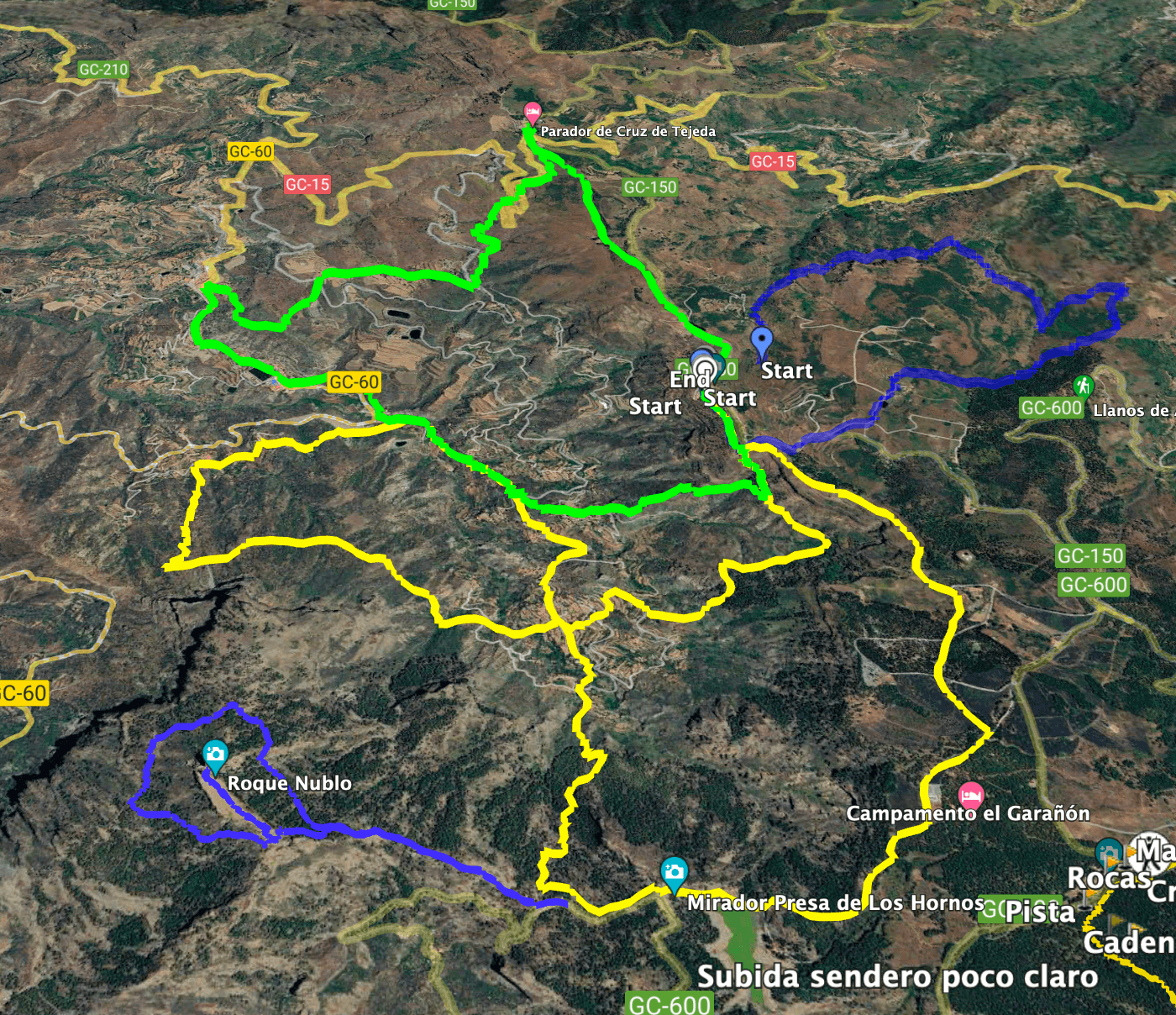 Track Roque Nublo (blue bottom left) and neighbouring tracks Cruz Tejeda (green) and Culata (yellow)