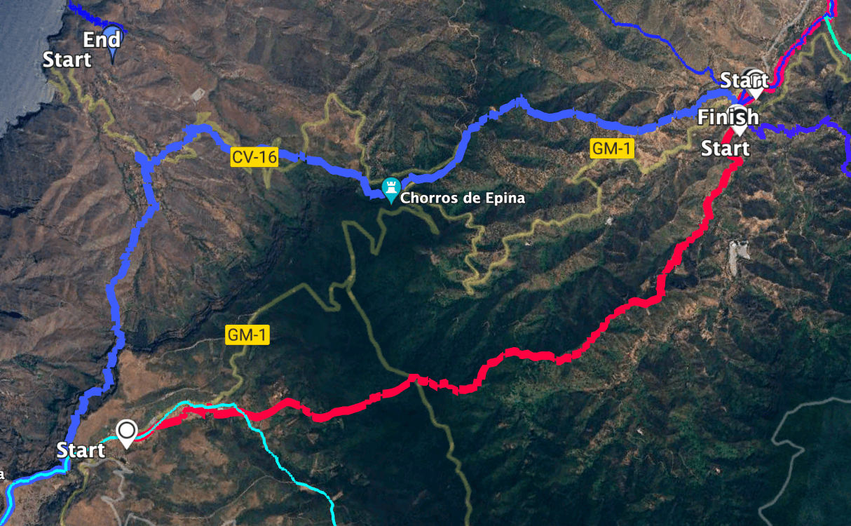 Track der Wanderung Arure - Vallehermoso (rot) und Alternativtrack über Chorros de Epina (GR-132 Teil 3) in blau