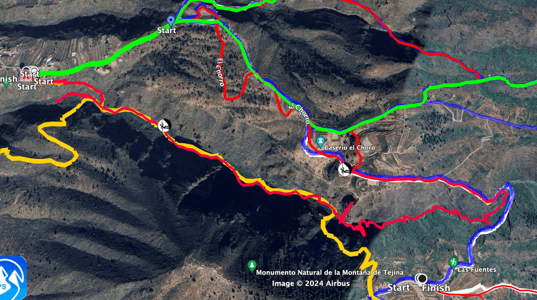 Amarillo: Caminata por el Barranco Guaria con sendero de ascenso Rojo en el amarillo: Ruta de rápel y sendero desde Acojeja hasta el punto de rápel Azul en partes: el sendero alrededor del Barranco Guaria hasta Las Fuentes