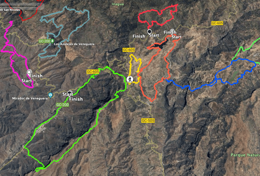 Track of the short hike Cuevas de Majada Alta (yellow) with neighbouring hikes Mogán- Tauro (green) and Presa de las Niñas (orange) as well as lake hike (blue). Top left light blue Los Azulejos de Veneguera