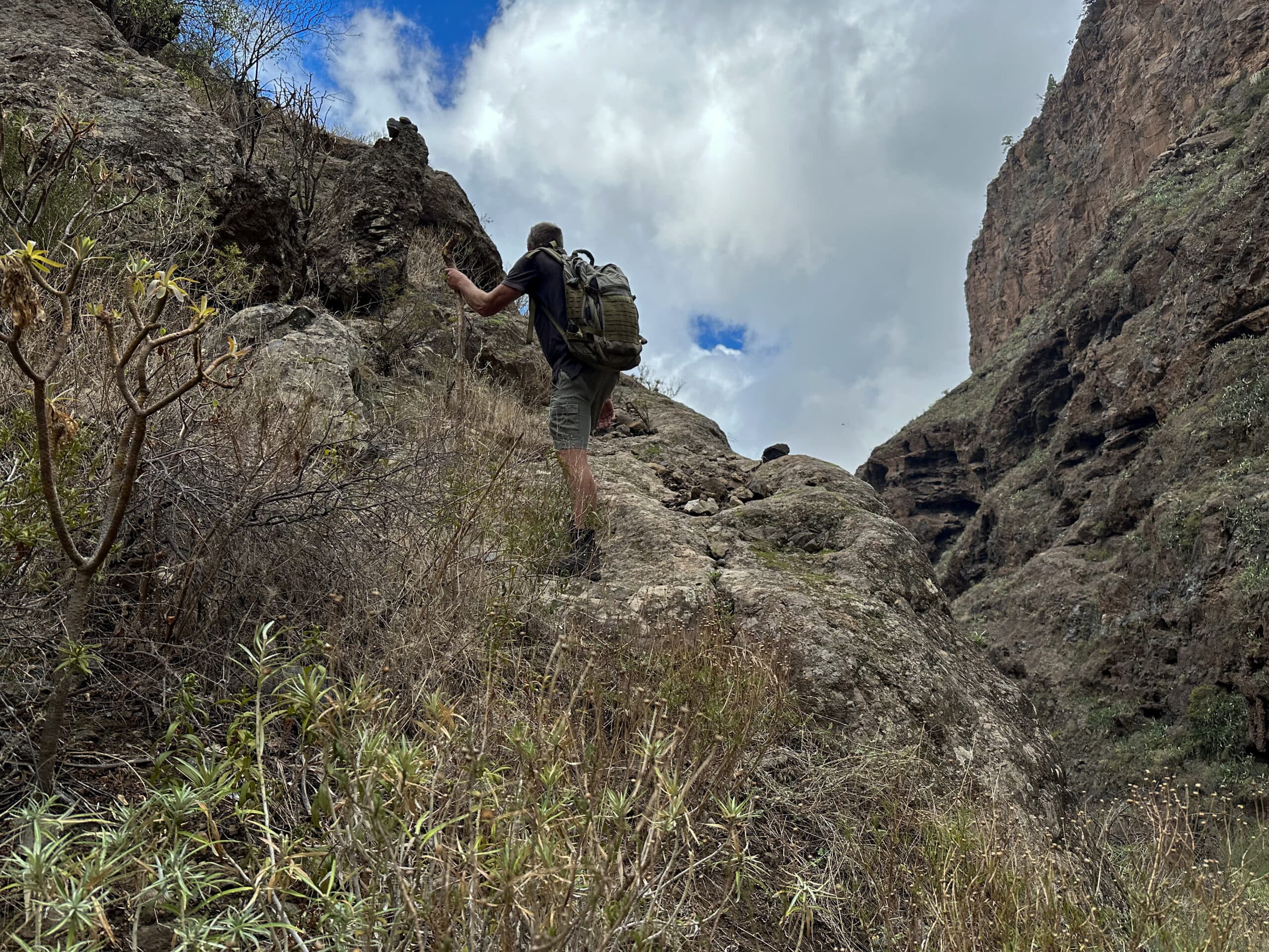 Sendero empinado desde el Barranco Guaria hacia la Montaña de Tejina marcado con mojones