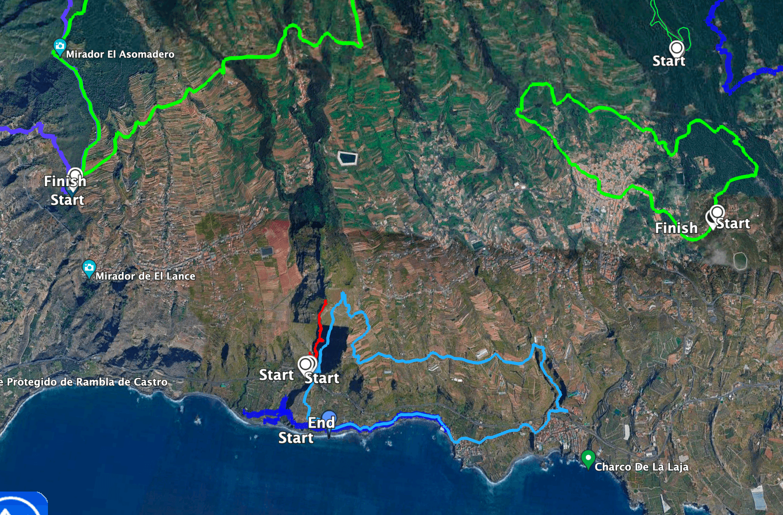 Track de la ruta Barranco de Ruiz (azul claro), ruta costera (azul oscuro), La Guancha (verde a la derecha), Mirador de la Corona (verde arriba a la izquierda)
